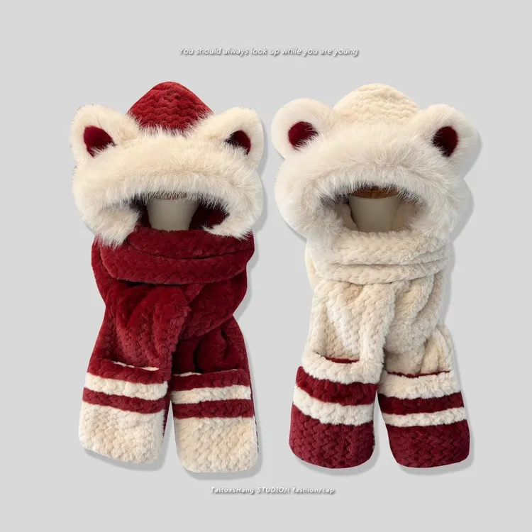 可爱小熊拼色毛绒帽围巾手套一体女加绒加厚骑车护耳保暖雷锋帽Y