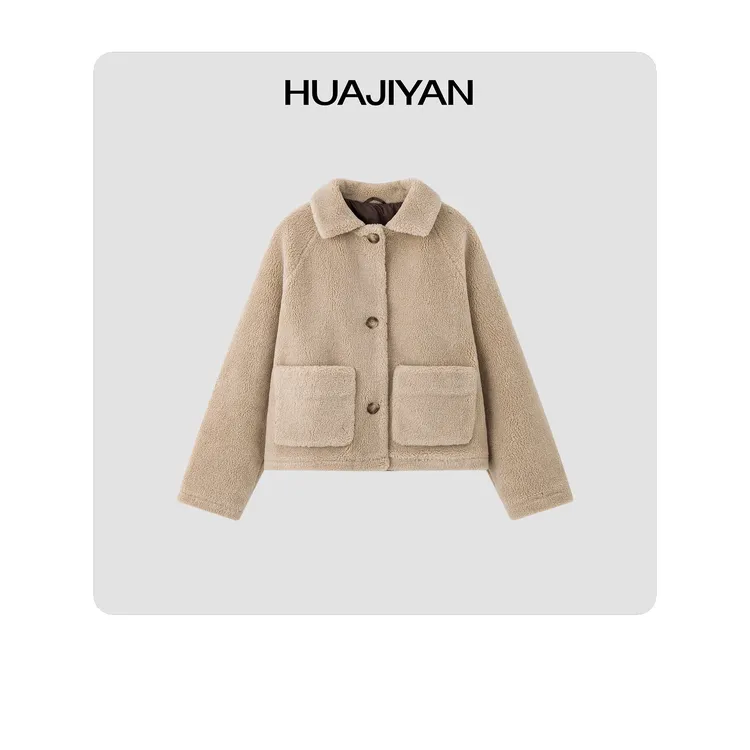 华吉言/HUAJIYAN【泰迪熊】羊毛混纺落肩翻领短款毛呢外套