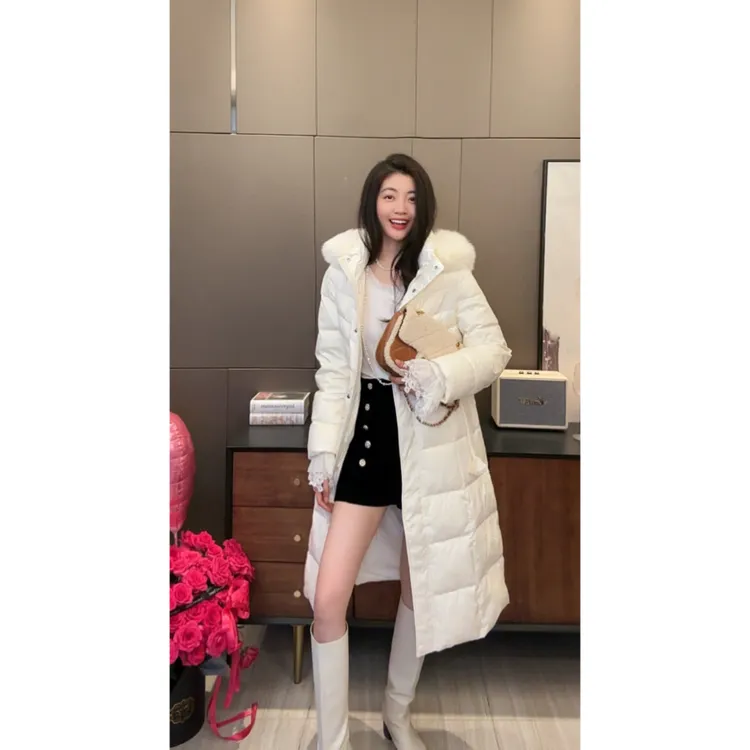N.COU妮蔻25冬新款时髦收腰90白鸭绒毛领连帽长款羽绒服DY10513