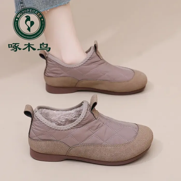 啄木鸟冬季新款加绒加厚保暖妈妈鞋软底防滑外穿雪地靴女棉鞋
