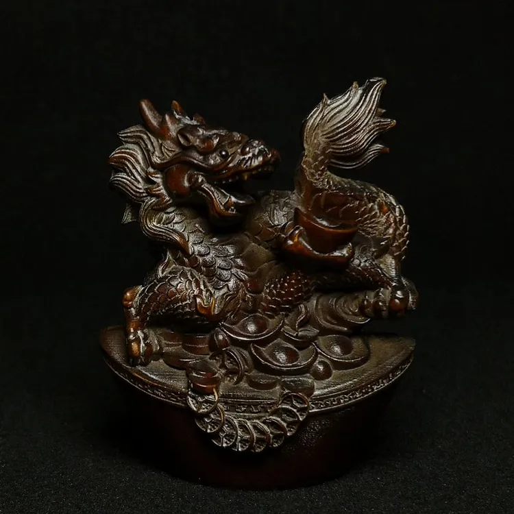 旧藏古玩招财纳福摆件黄杨木雕刻生肖金钱龙雕像装饰手把件老物件