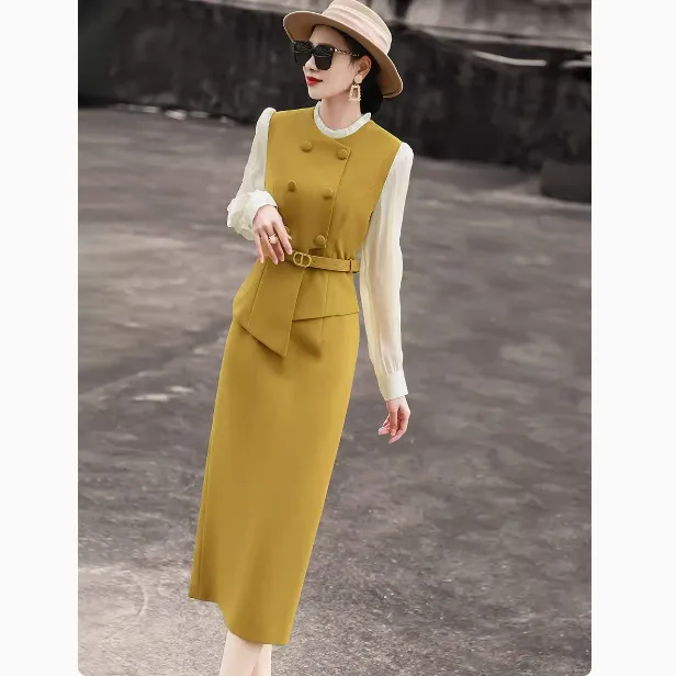 2025春季新款气质通勤简约显瘦假两件长袖拼接修身女装连衣裙高级