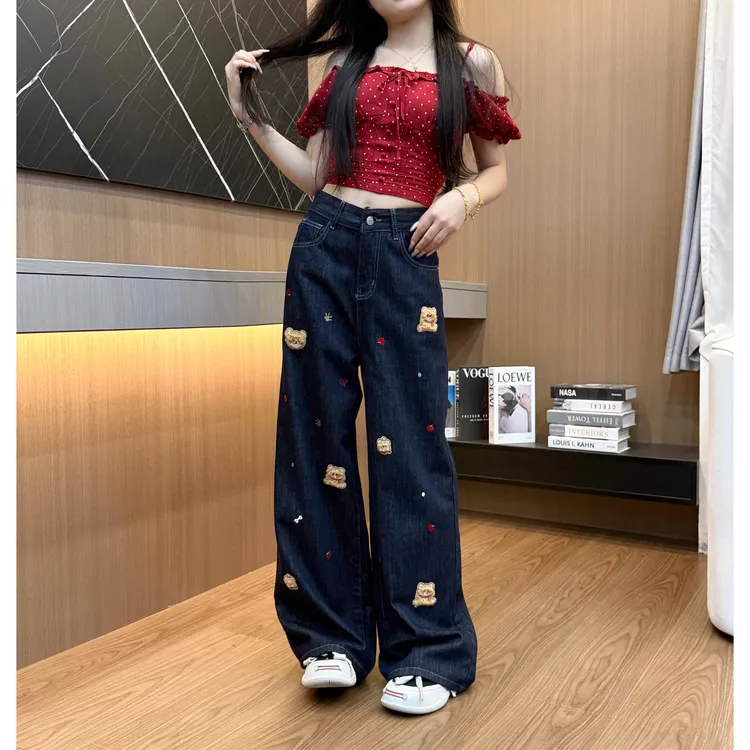 215美式小熊贴布刺绣牛仔裤女秋季百搭设计感阔腿长裤直筒拖地裤