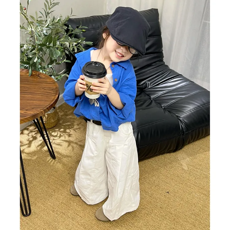 小思家2025秋季新款女童韩版套装休闲宽松纯色衬衫外套阔腿裤套装