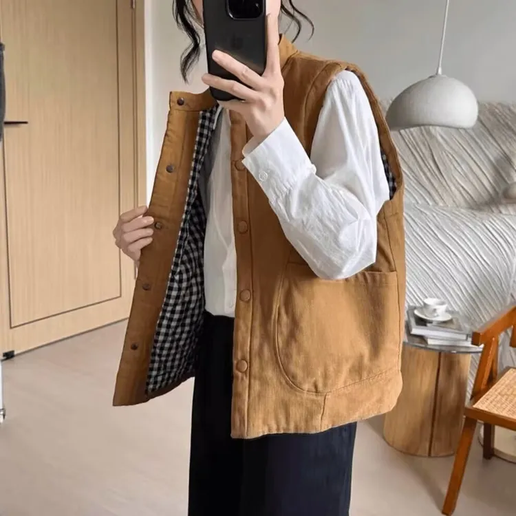 夹棉2025休闲马甲女日杂风秋冬季新款复古宽松小个子短款背心棉袄