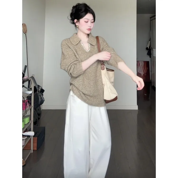 MARIE.COCO法式休闲气质针织V领套头长袖上衣垂感宽松阔腿裤