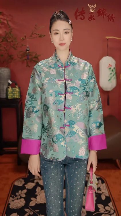 梧桐宝贝【团扇吉祥】蜀锦新中式撞色袖口提花立领盘扣双面可穿外套