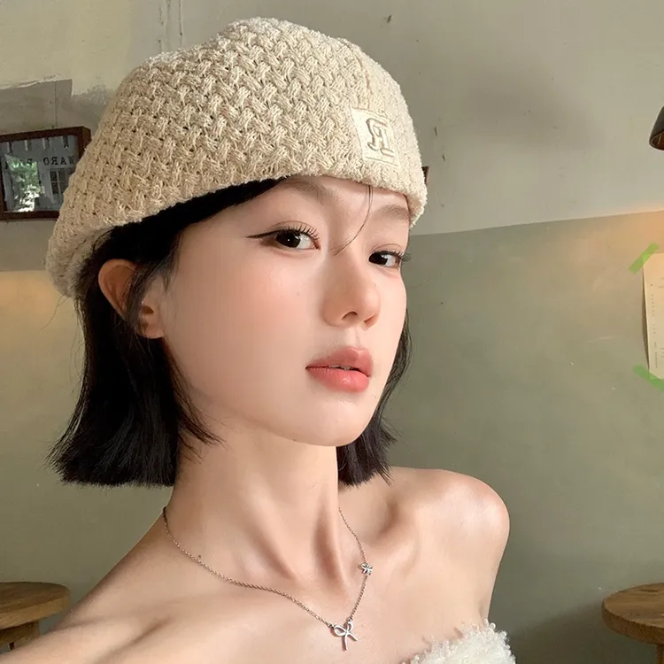 正反两戴字母针织贝雷帽女透气韩版百搭显脸小前进帽大头围帽子潮
