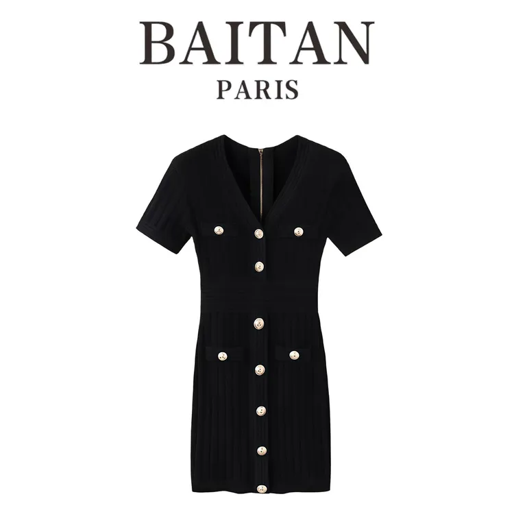 【BAITAN】巴曼针织短袖连衣裙夏季新款针织V领收腰紧身显瘦包臀裙