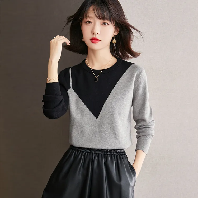 GDAMS商场同款2025秋冬新款圆领气质显瘦拼色假两件针织衫毛衣女
