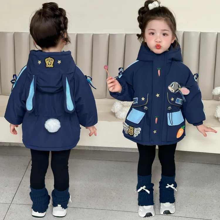 女童加绒加厚外套秋冬季2025新款儿童卡通兔子警官派克服保暖上衣