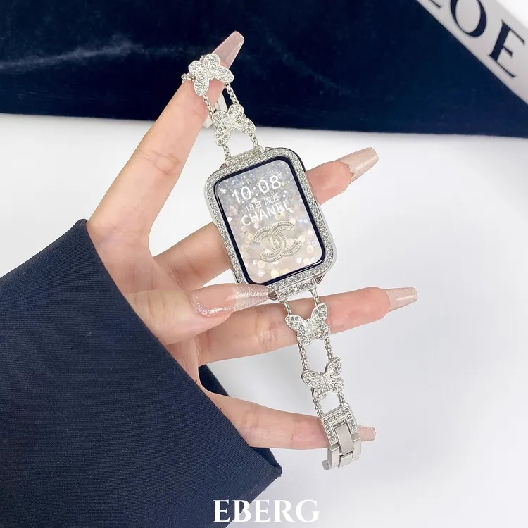 适用小米手环9pro闪钻蝴蝶金属表带智能红米watch5女款8pro手表链