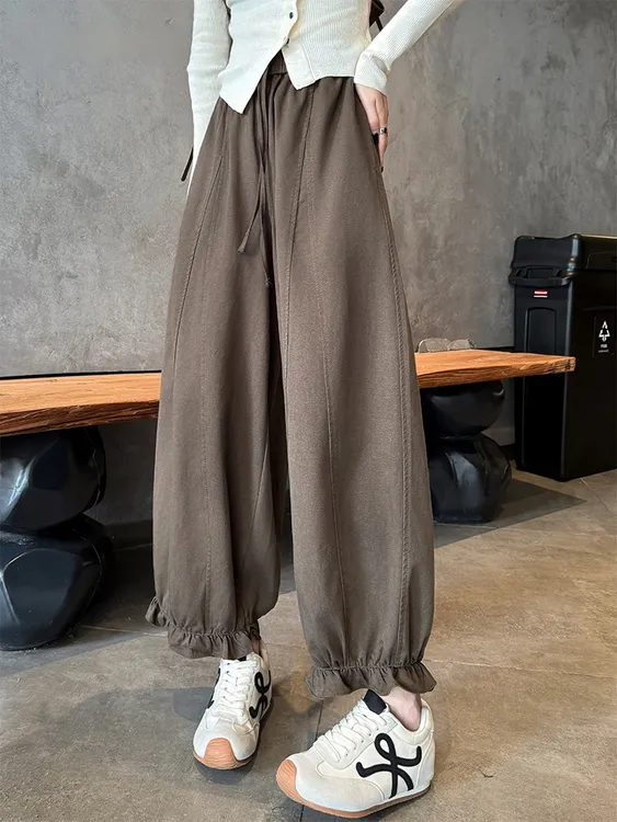 韩系减龄木耳边花苞裤女秋季小个子高腰宽松休闲九分阔腿灯笼裤子