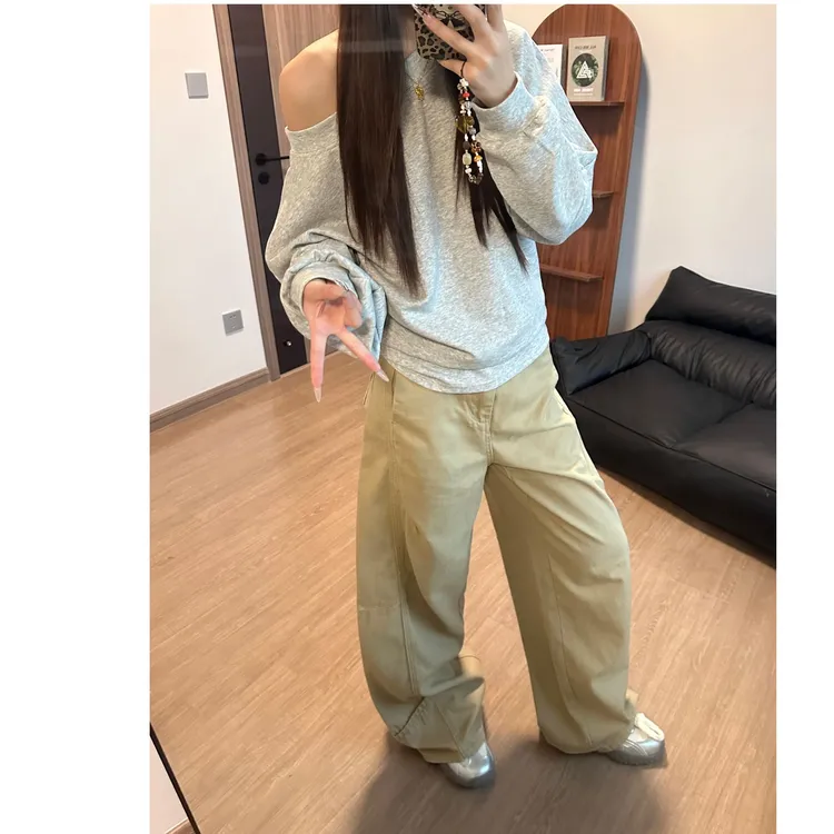 2025秋冬新款美式复古牛仔裤女设计感拼接卡其色宽松阔腿直筒长裤