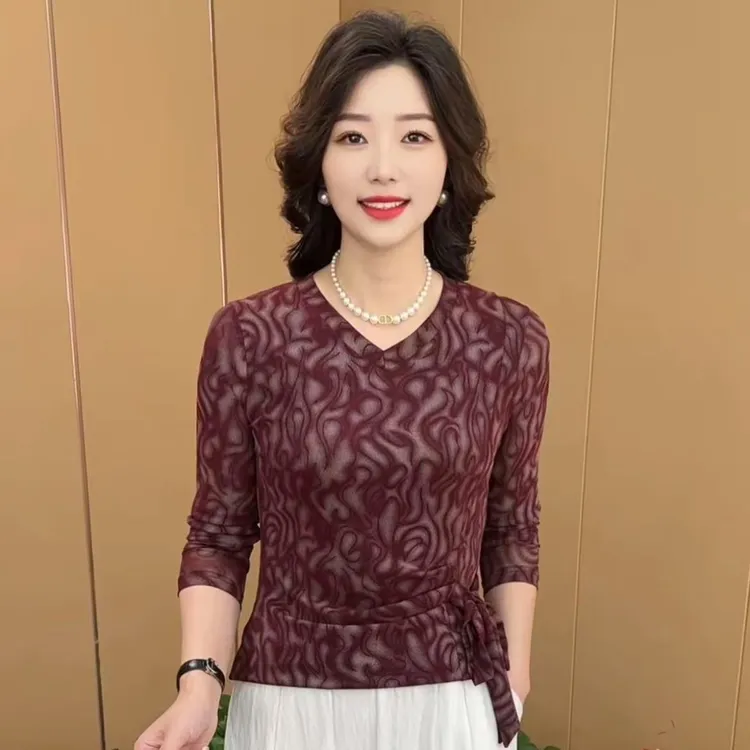 早秋新款时尚v领百搭系带收腰设计感洋气妈妈装显瘦长袖T恤小衫