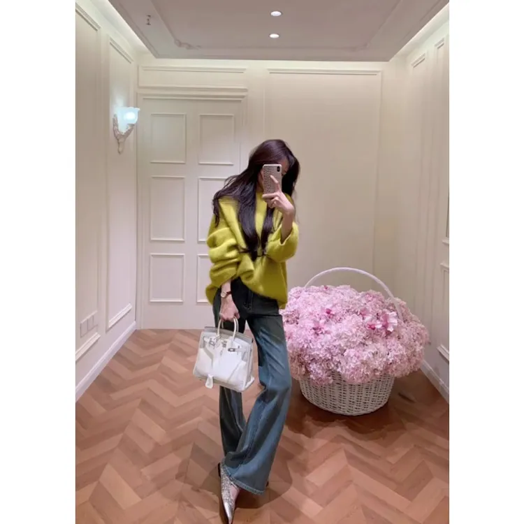 韩系慵懒风休闲软糯百搭纯色针织衫女秋冬高腰垂感阔腿长裤两件套