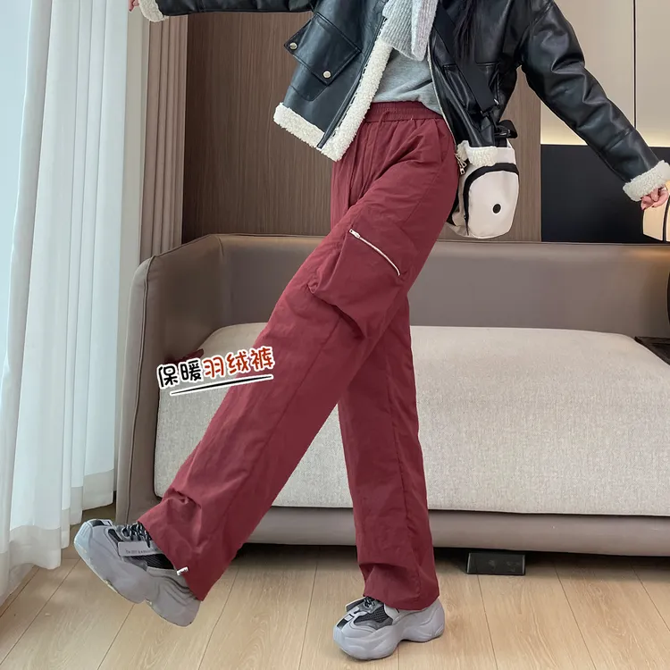 安可拉红阔腿工装羽绒裤女外穿2025冬季新款白鸭绒防寒保暖厚棉裤