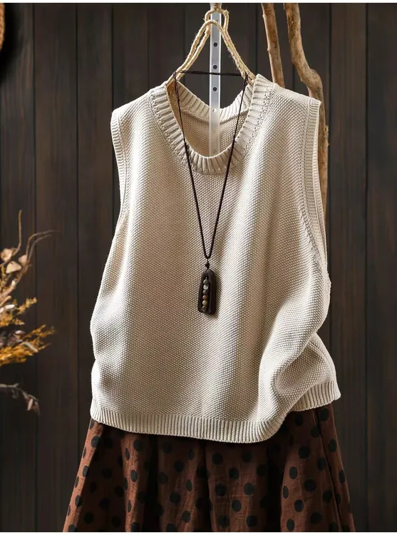 复古港风针织6061韩版外穿圆领宽松无袖文艺厚款马夹极简风套头