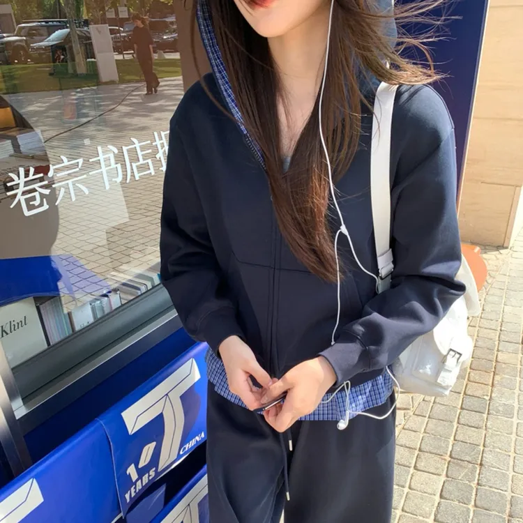 2025蓝色拼格子连帽卫衣与阔腿裤运动套装显瘦时尚秋冬休闲