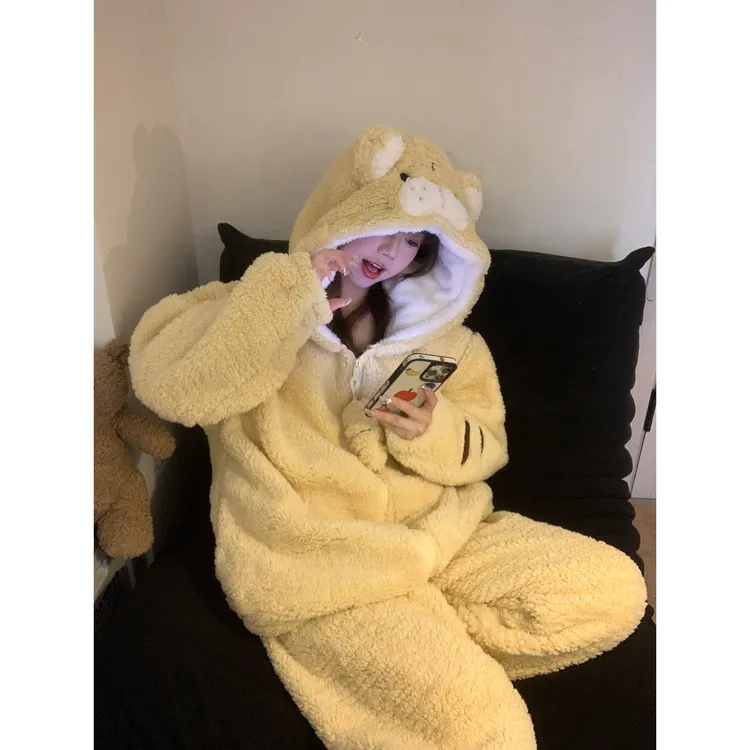 【可爱小老虎】连帽珊瑚绒睡衣女秋冬季新款加绒加厚家居套装可外穿