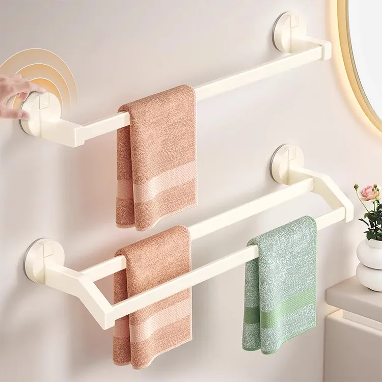 奶白吸盘毛巾架卫生间免打孔置物架壁挂单双杆免浴室毛巾架免打孔