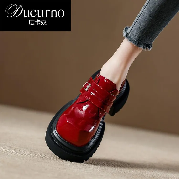DUCURNO 厚底两穿魔术贴真皮乐福鞋女2025春季新款大头轻便小皮鞋