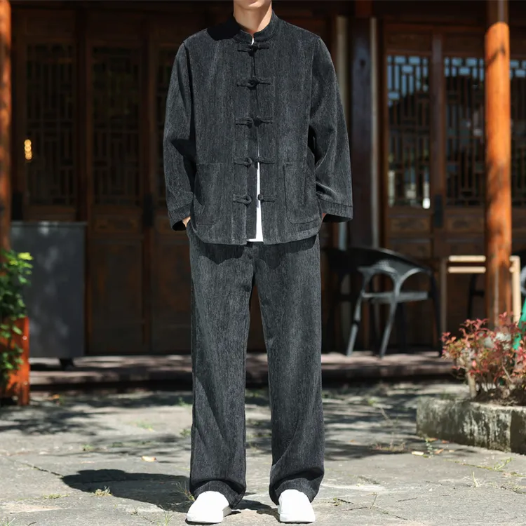 秋季新款25中国风唐装雪尼尔绒套装新中式复古盘扣男士纯色两件套