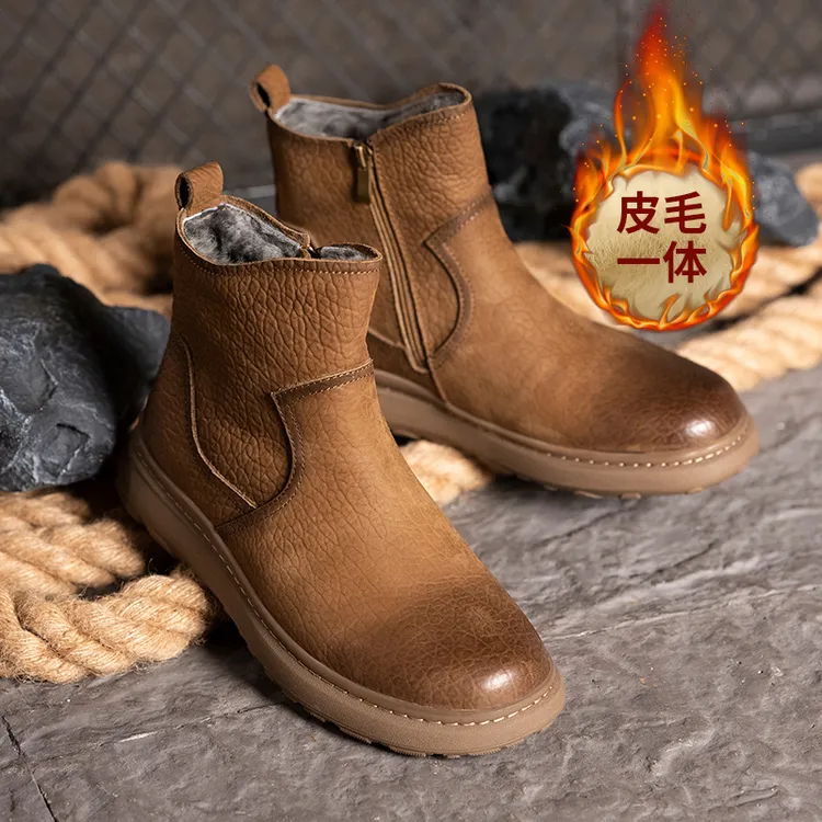 冬季保暖防寒羊皮毛头层牛皮马丁靴厚底高帮拉链款男靴雪地靴