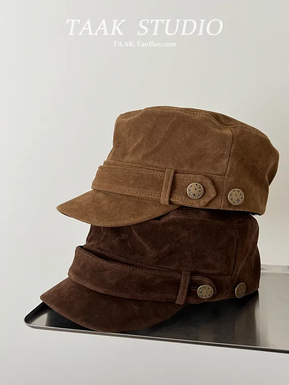 TAAK高级感麂皮绒海军帽子女秋冬天复古时尚平顶帽鸭舌报童八角帽