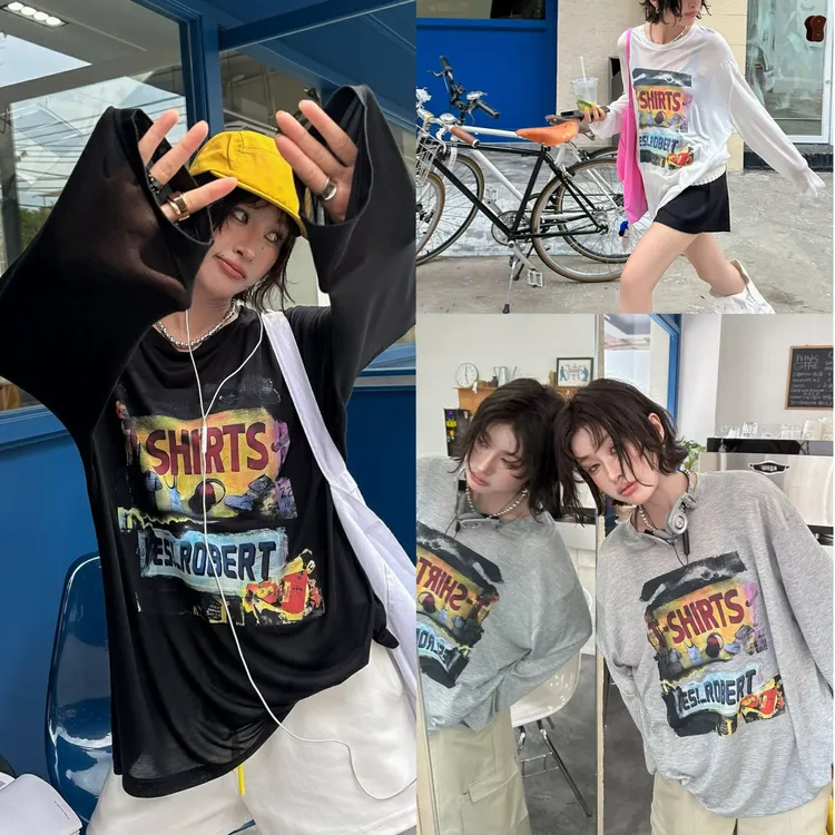 美式辣妹卡通涂鸦印花防晒休闲长袖T恤女慵懒宽松微透罩衫上衣N