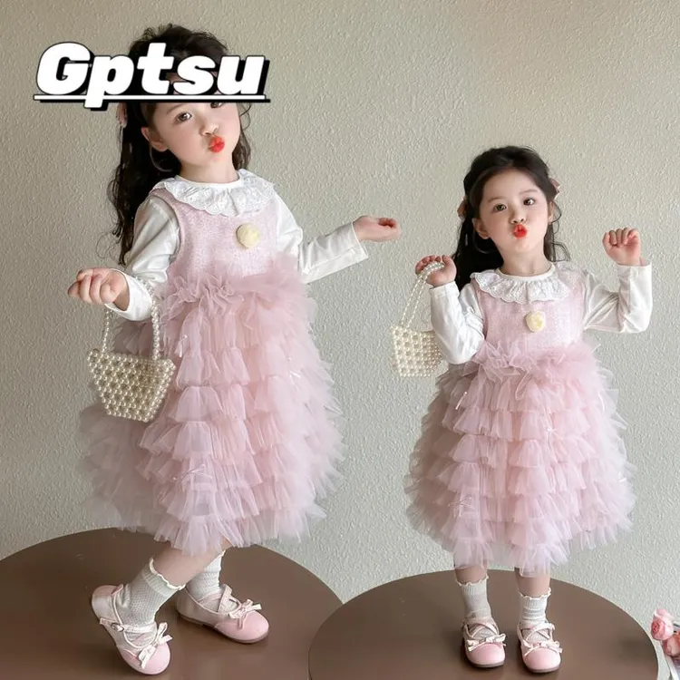 GPTSu女童秋季连衣裙套装儿童春秋装韩版公主秋季蛋糕纱裙两件套