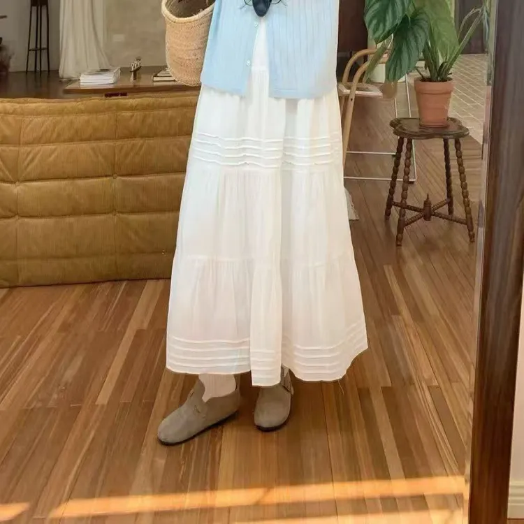 【鱼白专属】大码女装松紧腰中长款白色半身裙女日系小个子休闲裙