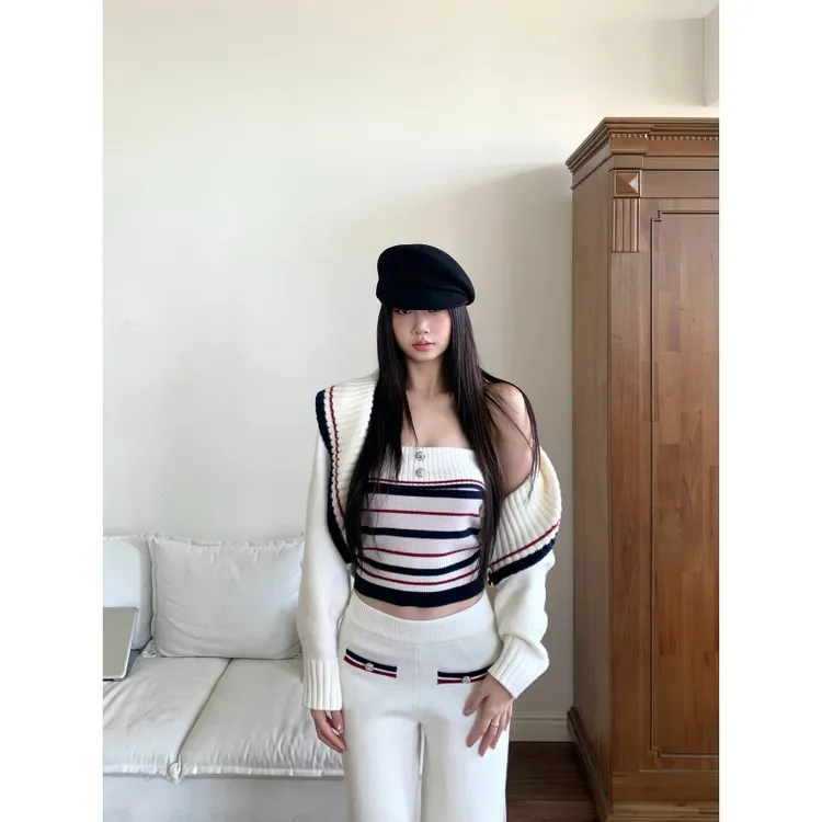 withmin凉皮 秋冬条纹针织抹胸开衫裤子慵懒风套装N260008现货
