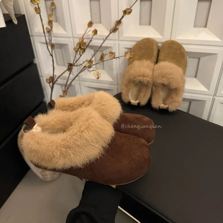 厚底慵懒风加绒勃肯鞋包头半拖毛毛鞋2025冬季新款加绒加厚保暖鞋