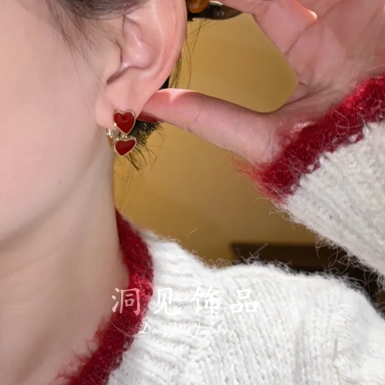 【洞见】过年喜庆红色气质女爱心素款耳饰精致日韩耳钉ES1656
