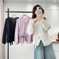 胖mmT恤女宽松显瘦系带开衫百搭外穿衬衫大码遮肉V领上衣169