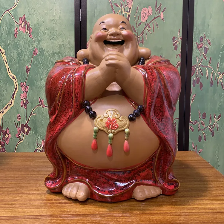 《开心笑佛-恭喜发财》石湾手工陶瓷摆件长25高36适合客厅/玄关会所