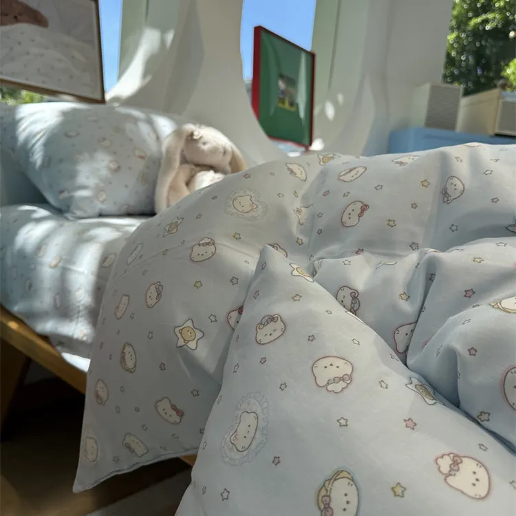 易安阁ins韩系双层纱少女心星星小猫蓝床单全纯棉四件套1.5m1.8米