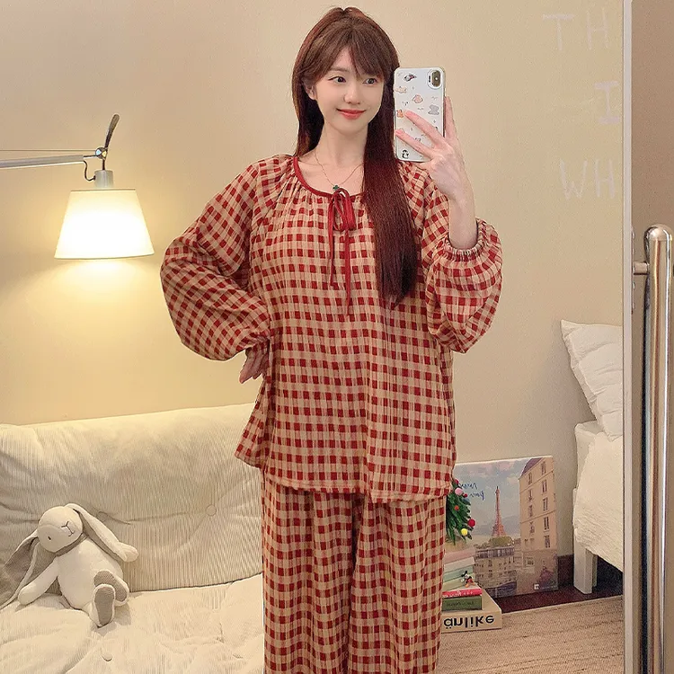 带胸垫睡衣女秋2025新款安可拉红圆领套装休闲可外穿家居服