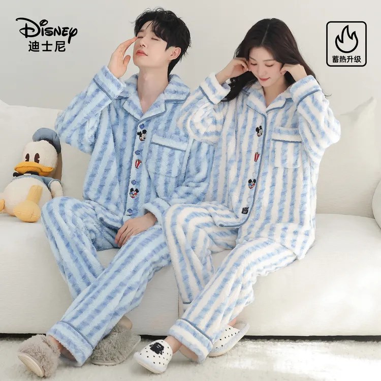 迪士尼加绒加厚珊瑚绒保暖情侣睡衣男女时尚条纹家居服秋冬套装