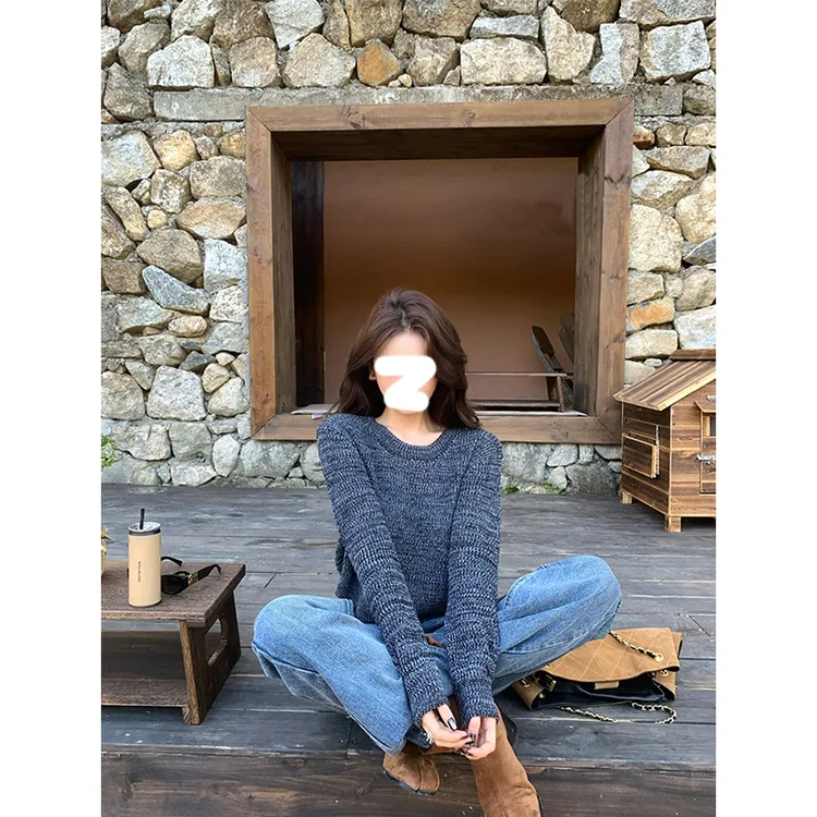 灰色圆领针织衫毛衣女秋冬2025年新款内搭打底衫显瘦百搭短款上衣