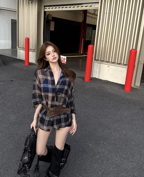 复古气质撞色格子百搭薄款时尚长袖衬衫女休闲宽松显瘦慵懒风上衣