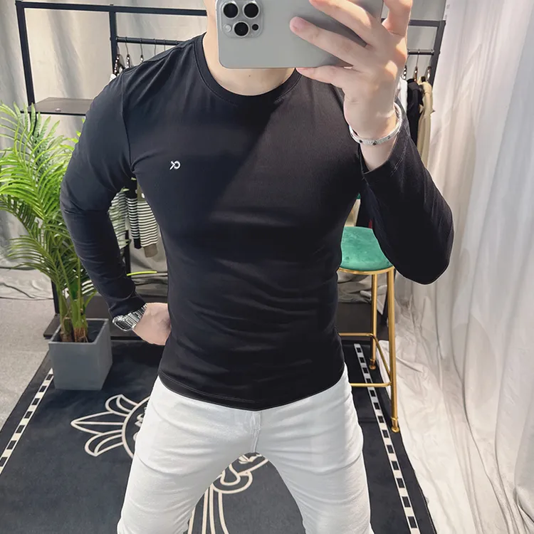 欧洲站简约高端欧货春秋季圆领丝光棉打底衫纯棉修身男士长袖t恤