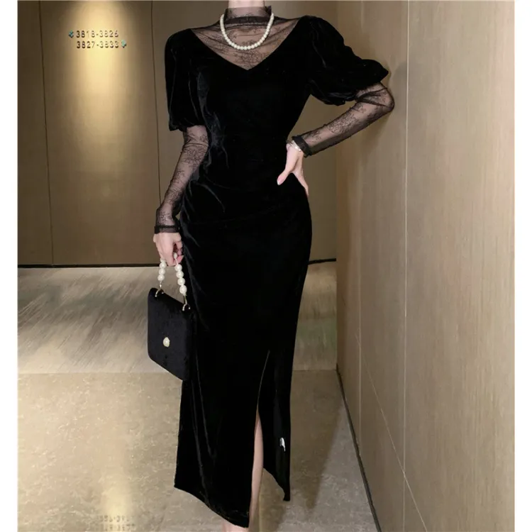 法式赫本风年会礼服裙生日小礼裙气质名媛丝绒连衣裙开叉包臀裙