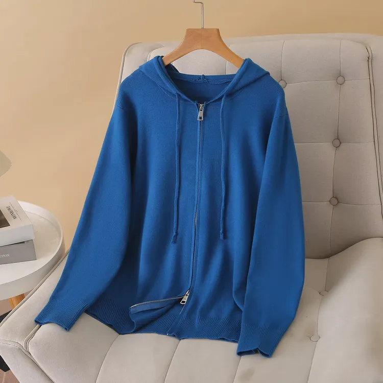 100-200斤大码女装胖mm秋新款蓝色显白时尚双拉链连帽针织开衫671
