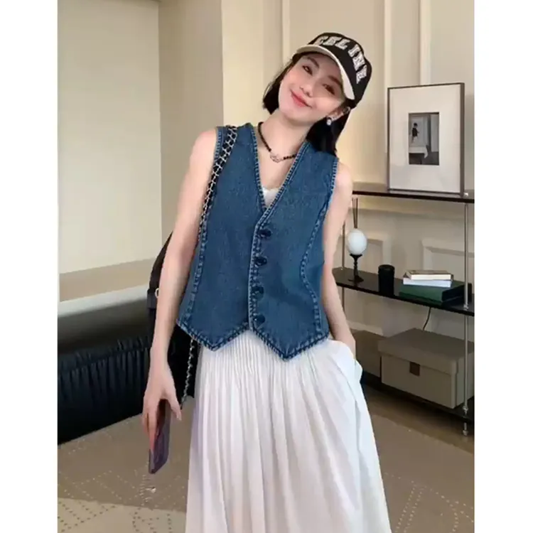 复古设计感v领牛仔马甲外套女夏季新款百搭薄款显瘦短款背心上衣