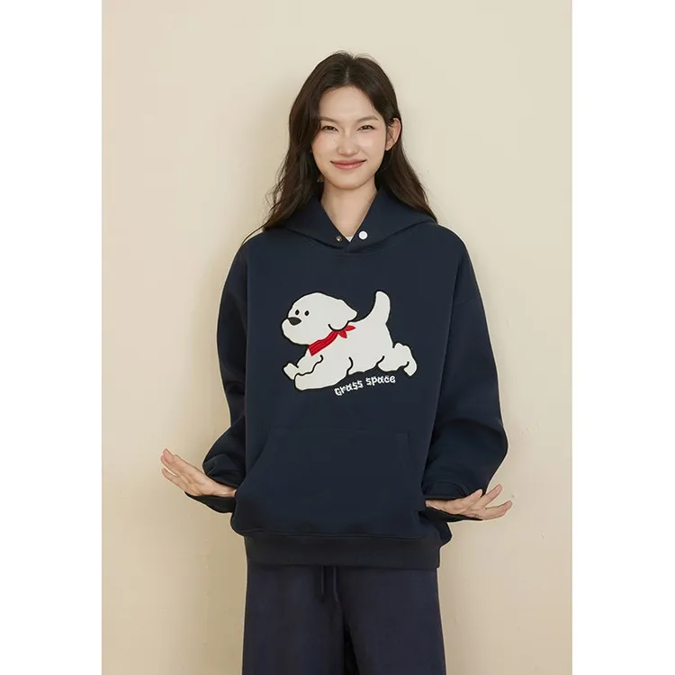 原野空间GRASS SPACE藏青小狗印花连帽卫衣女秋冬宽松休闲帽衫潮