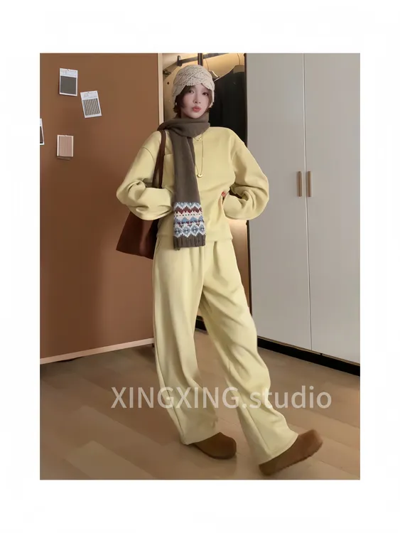 X.x.法式慵懒气质加绒卫衣套装百搭上衣显瘦阔腿裤围巾三件套351