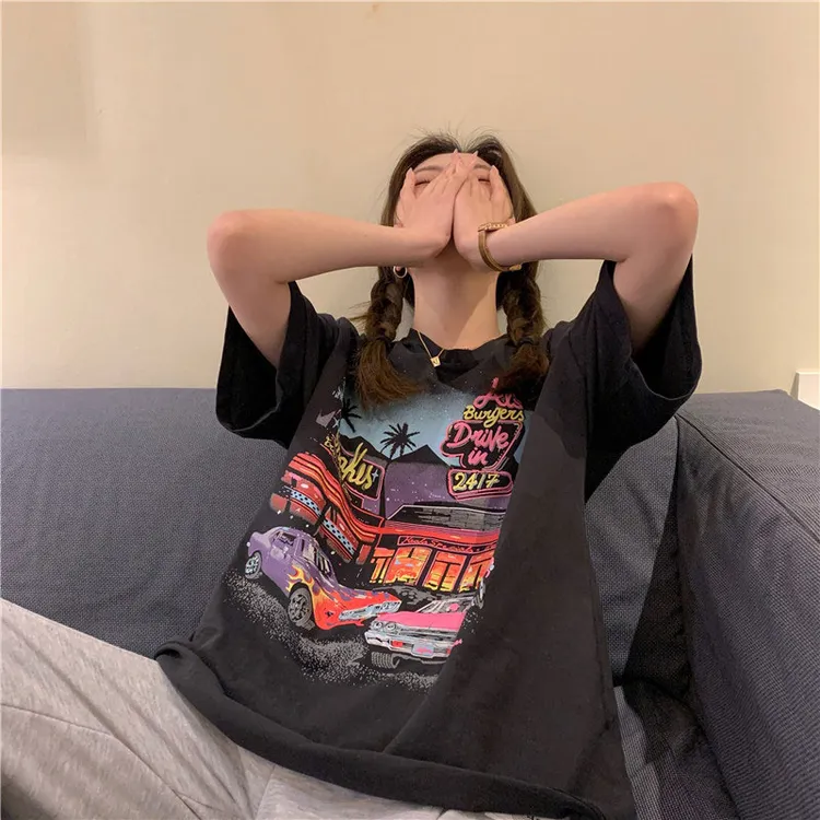 美式复古潮流印花短袖T恤女生夏季港风oversize圆领宽松小众半袖