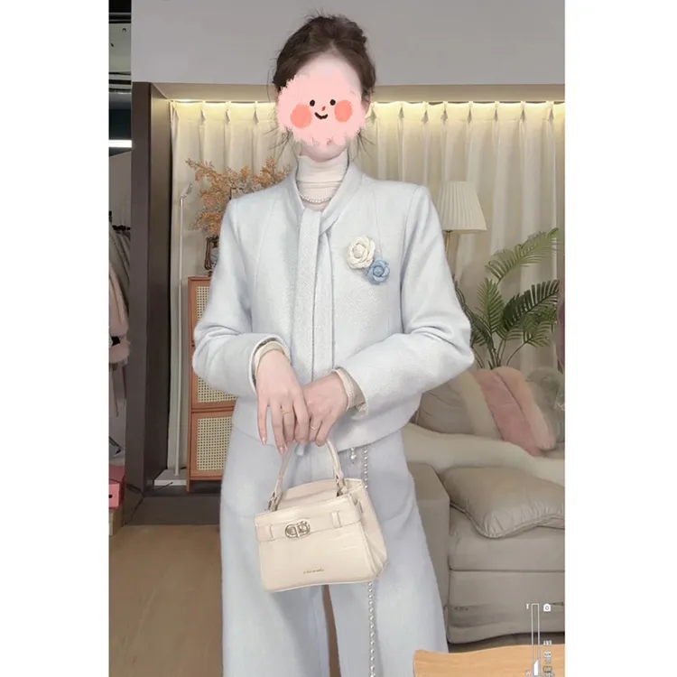 蓝风铃~设计冬季甜美气质轻奢小香风短外套阔腿裤时尚套装